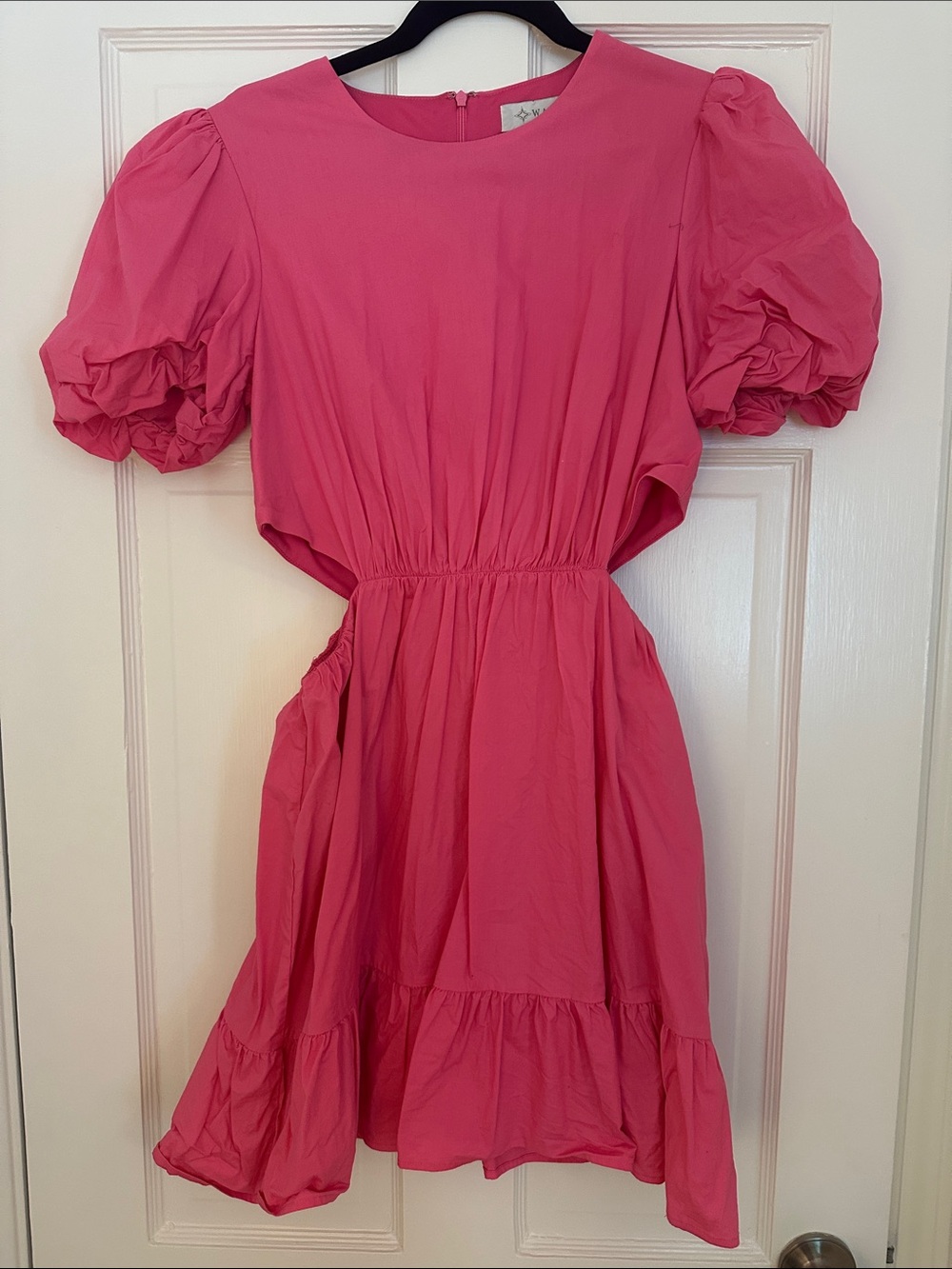 Bright Pink Puff-Sleeve Elastic-Waist Dress with Cutouts